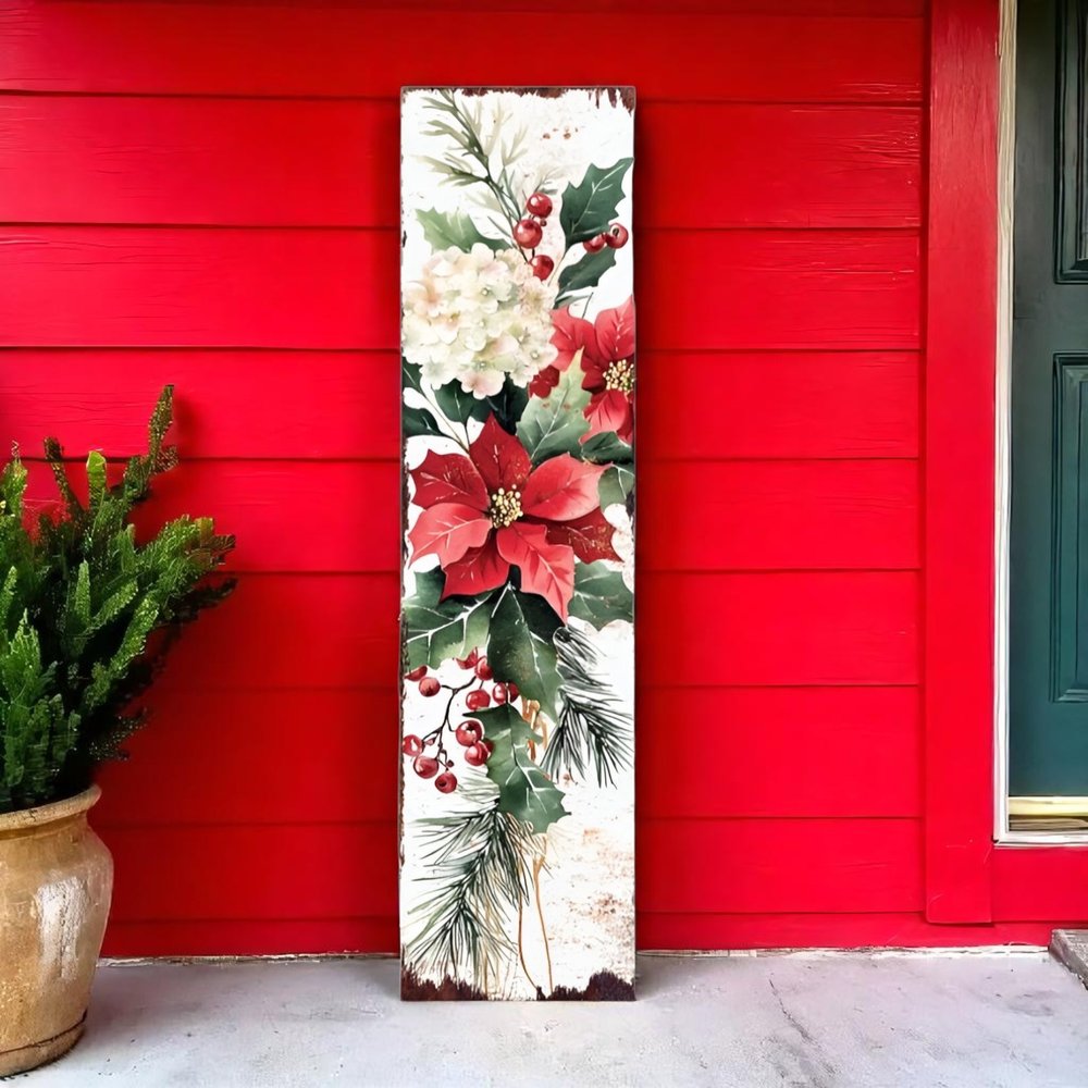 36" White Green And Red Christmas Poinsettia Solid Wood Porch Sign