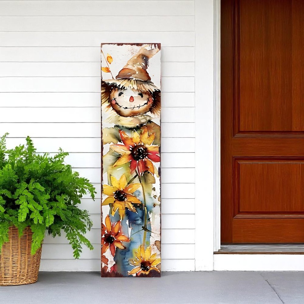 Letrero de porche de madera maciza de espantapájaros marrón, blanco y amarillo de 36"