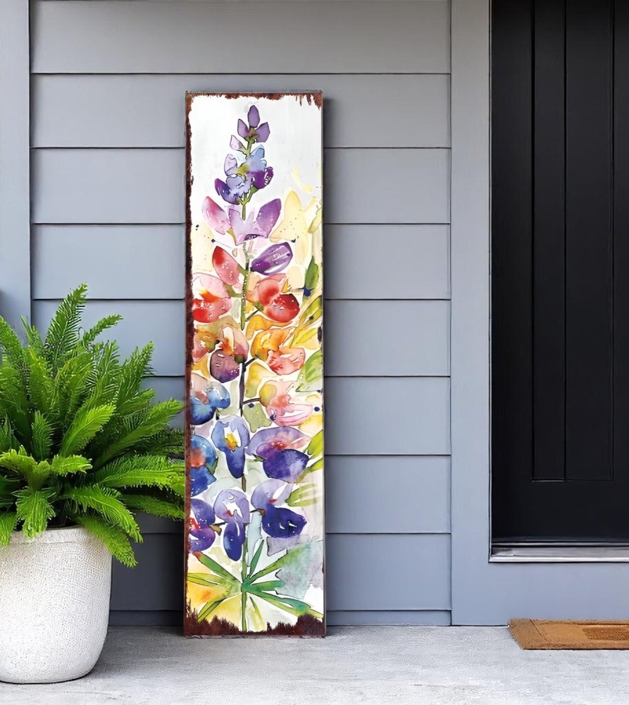 36" White Purple And Blue Watercolor Floral Solid Wood Porch Sign