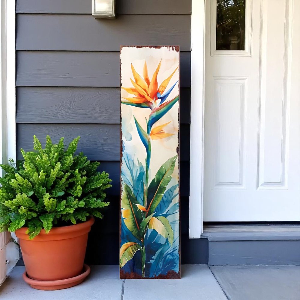 36" Off White Orange And Blue Tropical Floral Solid Wood Porch Sign