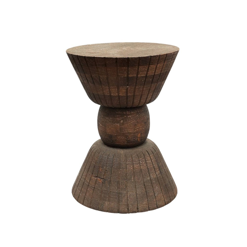 22" Brown Distressed Solid Wood Round Drum End Table