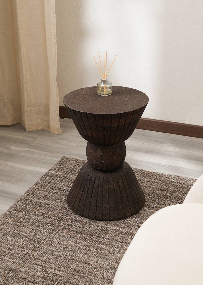 22" Brown Distressed Solid Wood Round Drum End Table