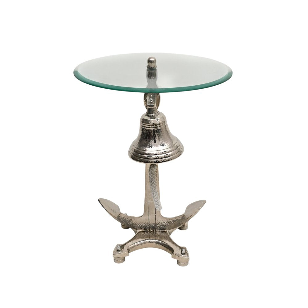 24" Clear and Silver Glass and Aluminum Nautical Bell End Table
