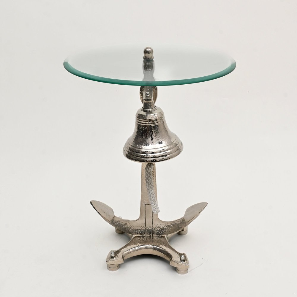 24" Clear and Silver Glass and Aluminum Nautical Bell End Table