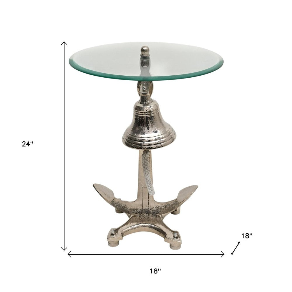 24" Clear and Silver Glass and Aluminum Nautical Bell End Table