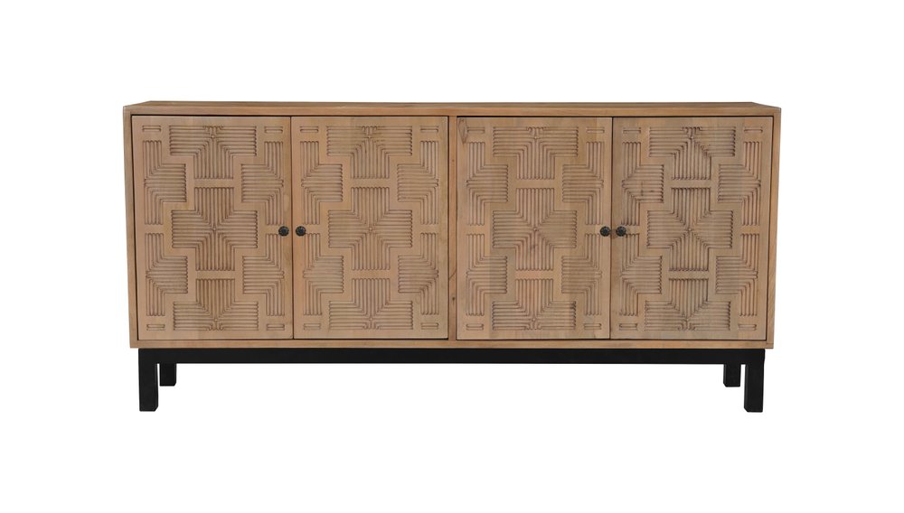 80" Brown Solid Wood Carved Geometric Sideboard with Four Doors
