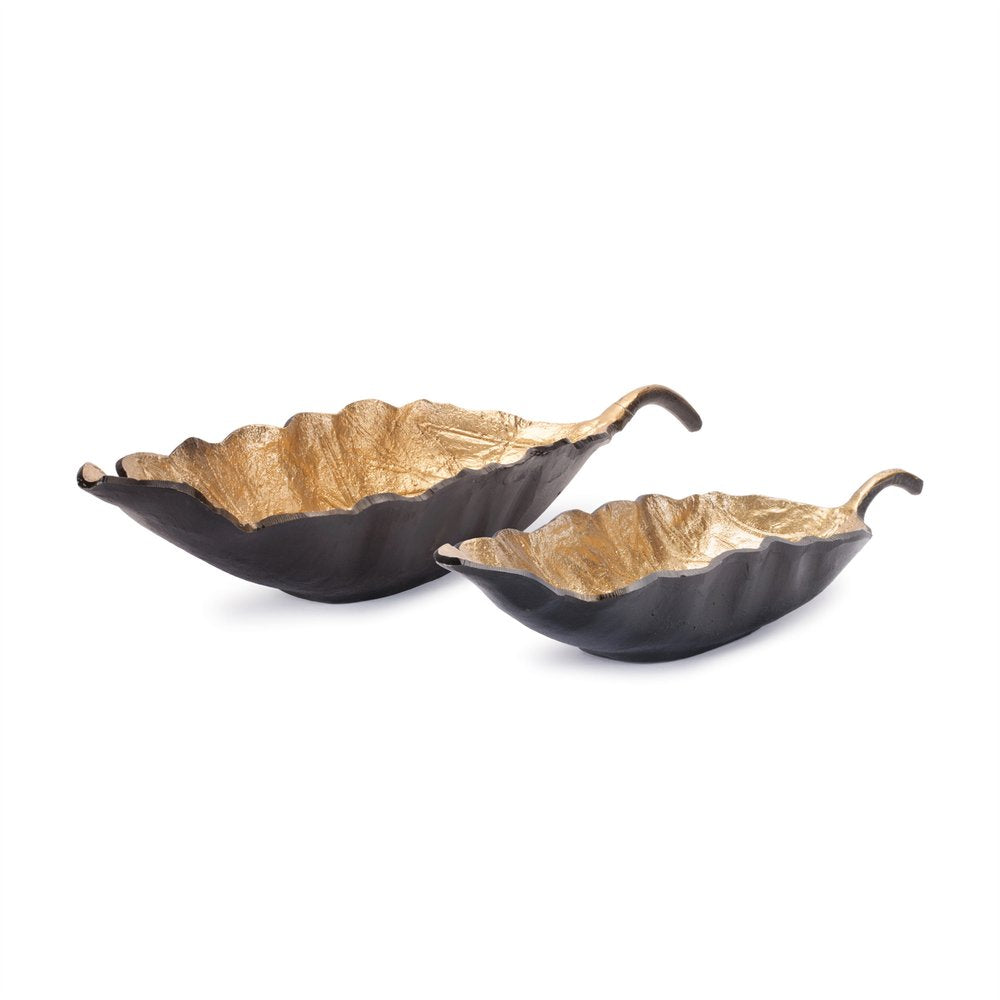 Juego de dos cuencos de centro de mesa rústicos de aluminio fundido negro y dorado de 25" con hojas