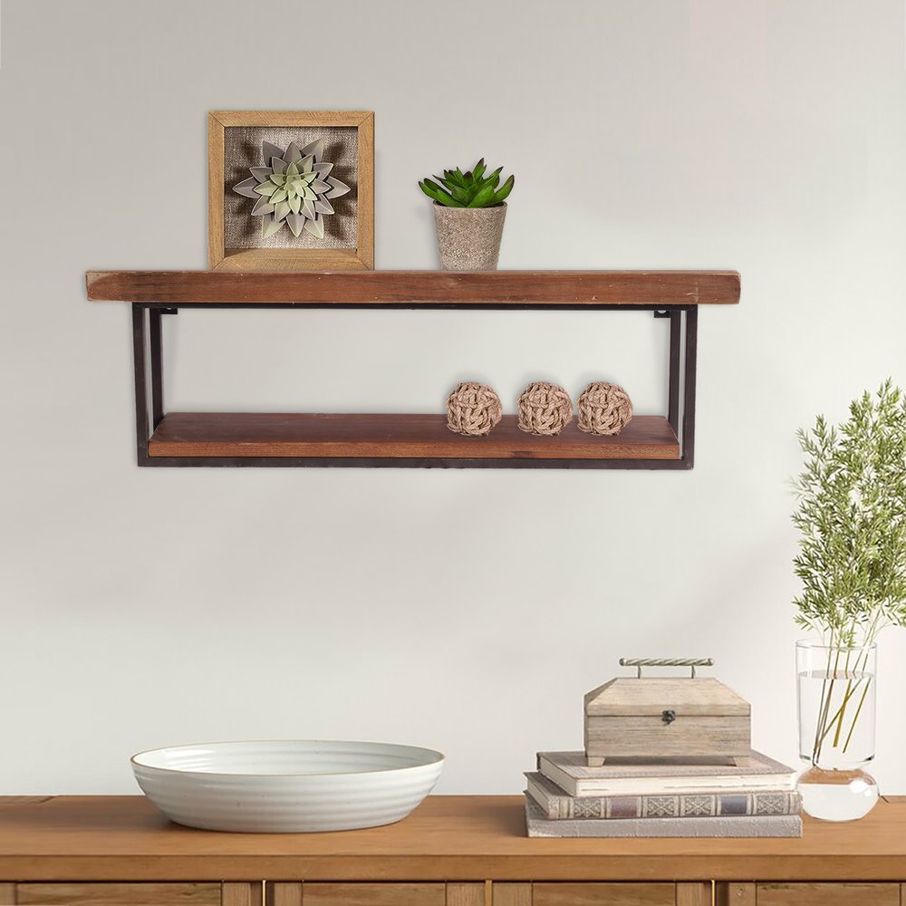 Juego de dos estantes decorativos de dos niveles de madera y metal, de 36 pulgadas, en negro y marrón