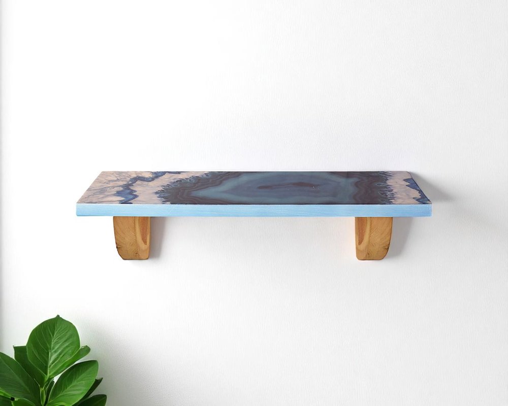 Estante de pared decorativo de 91 cm con diseño de ágata de madera natural y azul