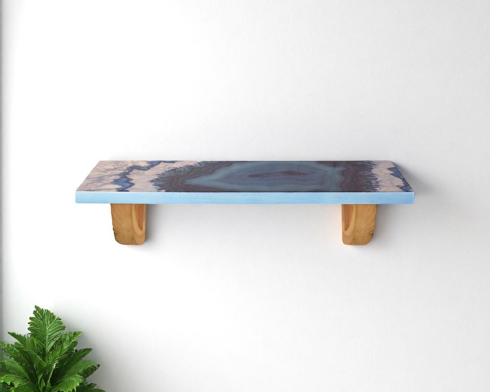 Estante de pared decorativo de 61 cm con diseño de ágata de madera natural y azul