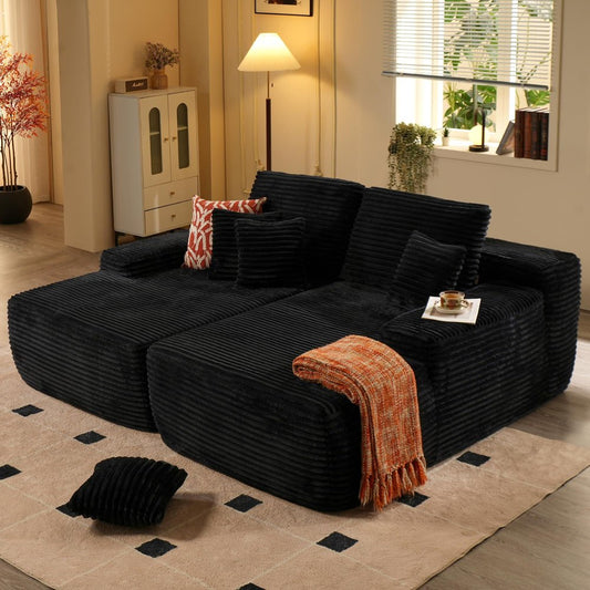 82" Black Corduroy Modular Sofa Chaise And Toss Pillows