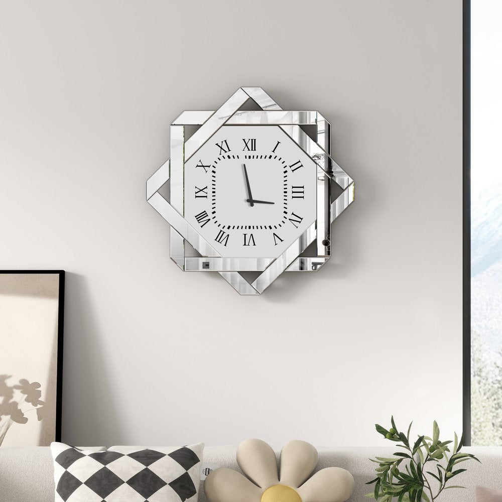 26" Silver Mirrored Glass Silent Analog Geometric Wall Clock