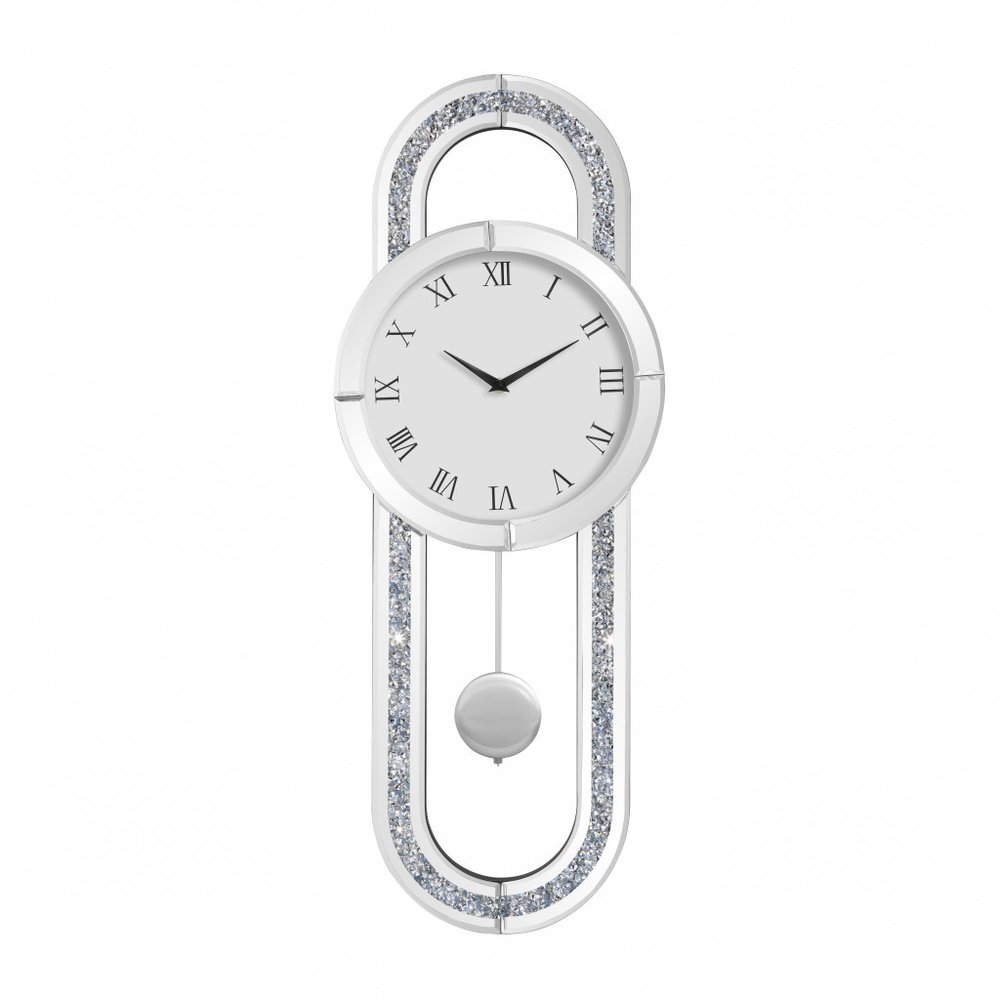 15" Silver Faux Crystal And Mirrored Glass Silent Analog Oval Wall Clock