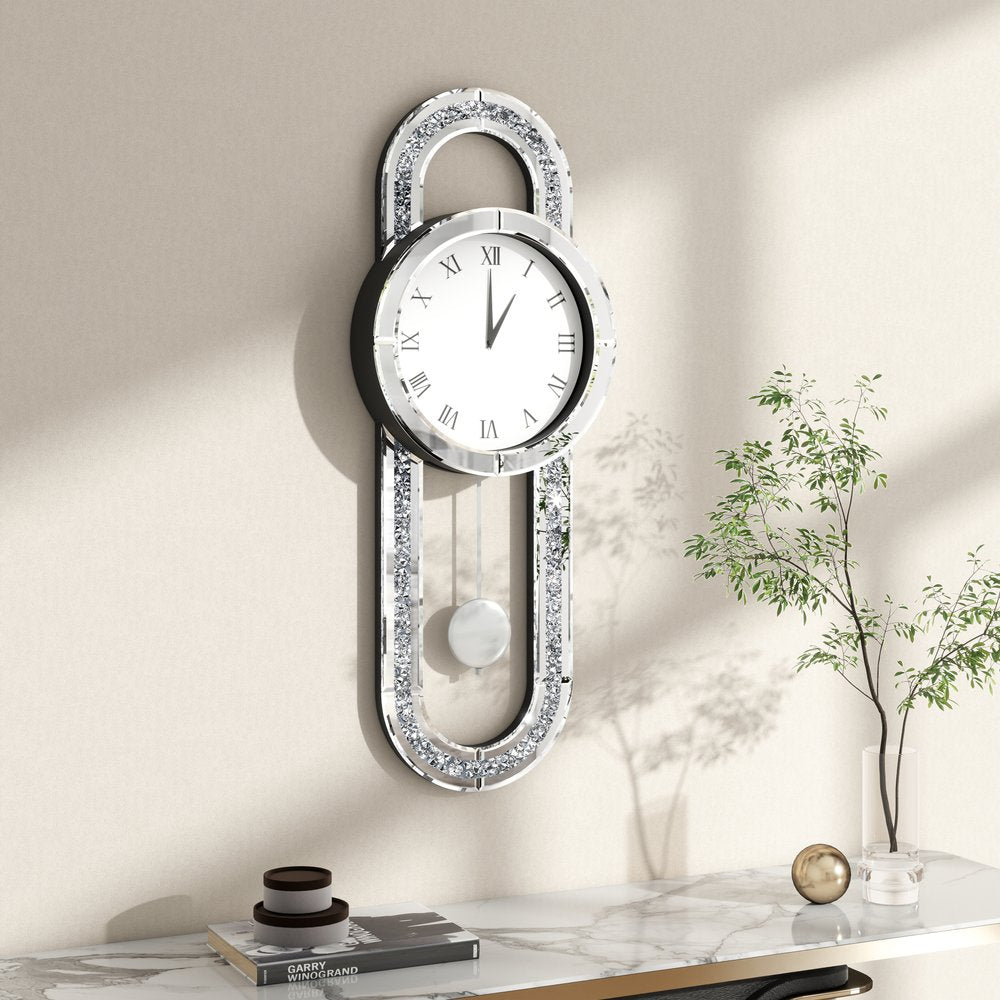 15" Silver Faux Crystal And Mirrored Glass Silent Analog Oval Wall Clock