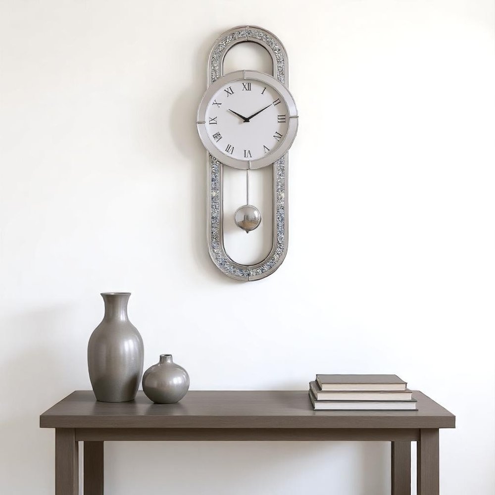 15" Silver Faux Crystal And Mirrored Glass Silent Analog Oval Wall Clock