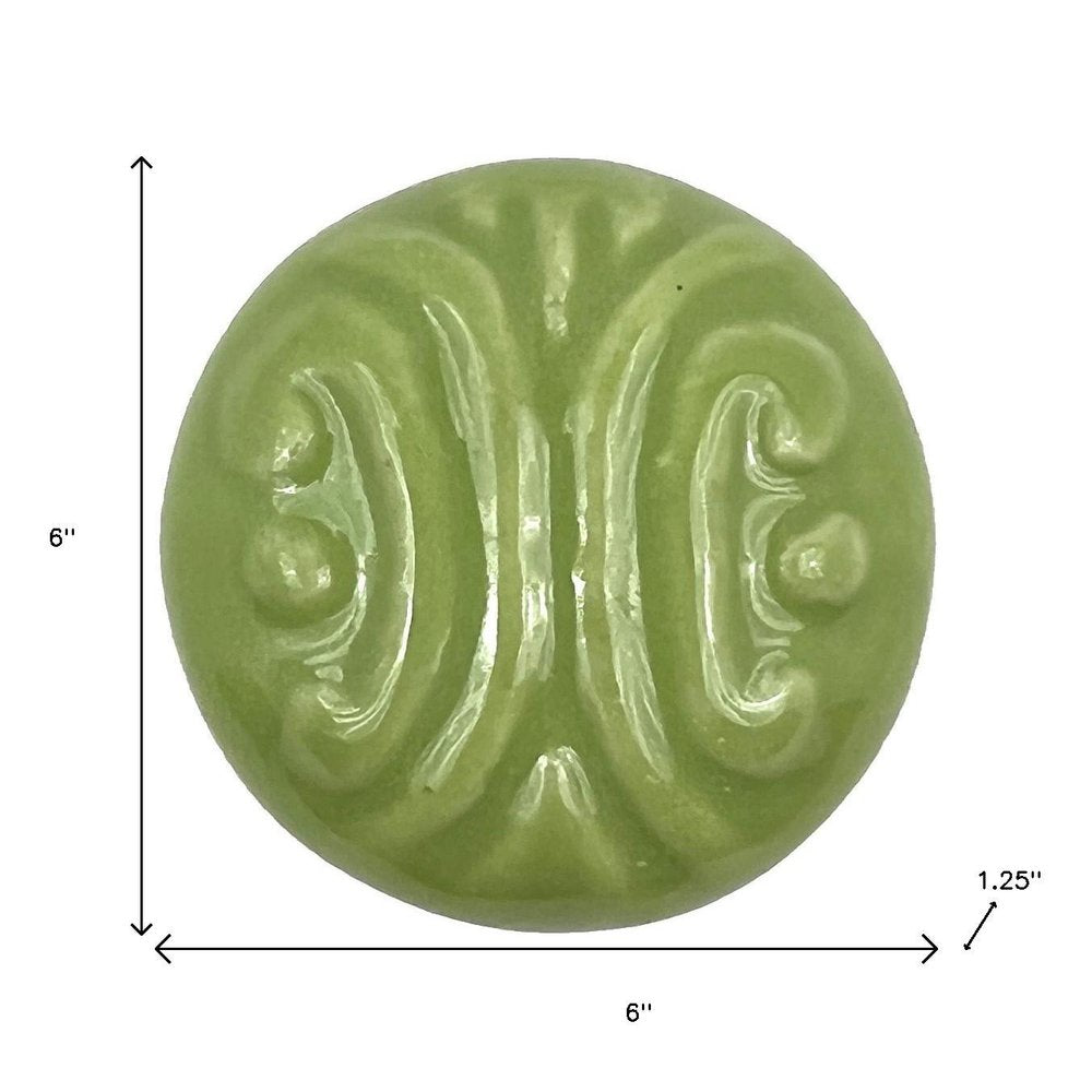 Set of Six Green Embossed Ceramic Drawer Pull Knobs