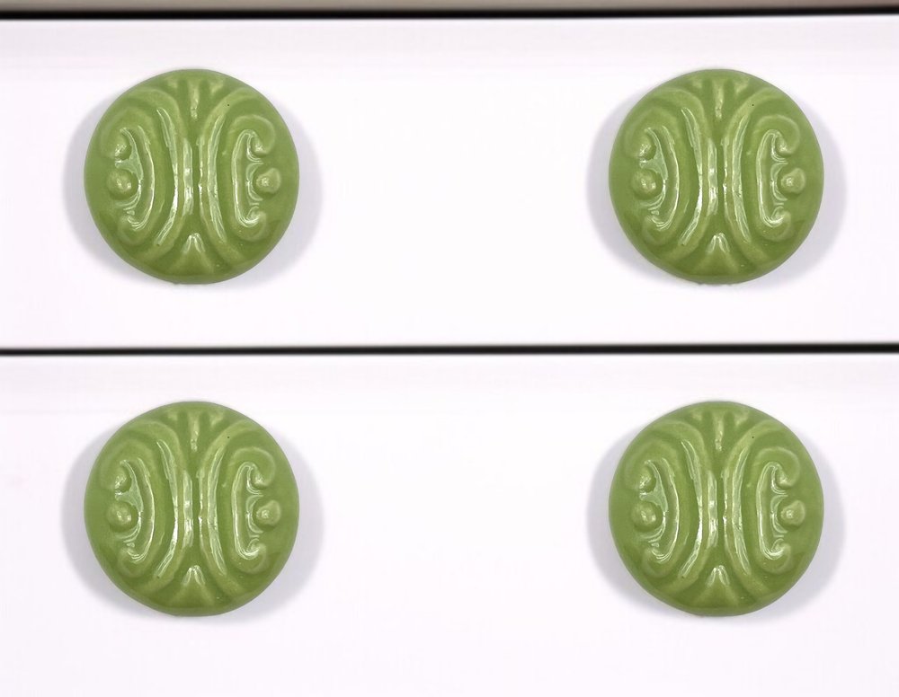 Set of Six Green Embossed Ceramic Drawer Pull Knobs