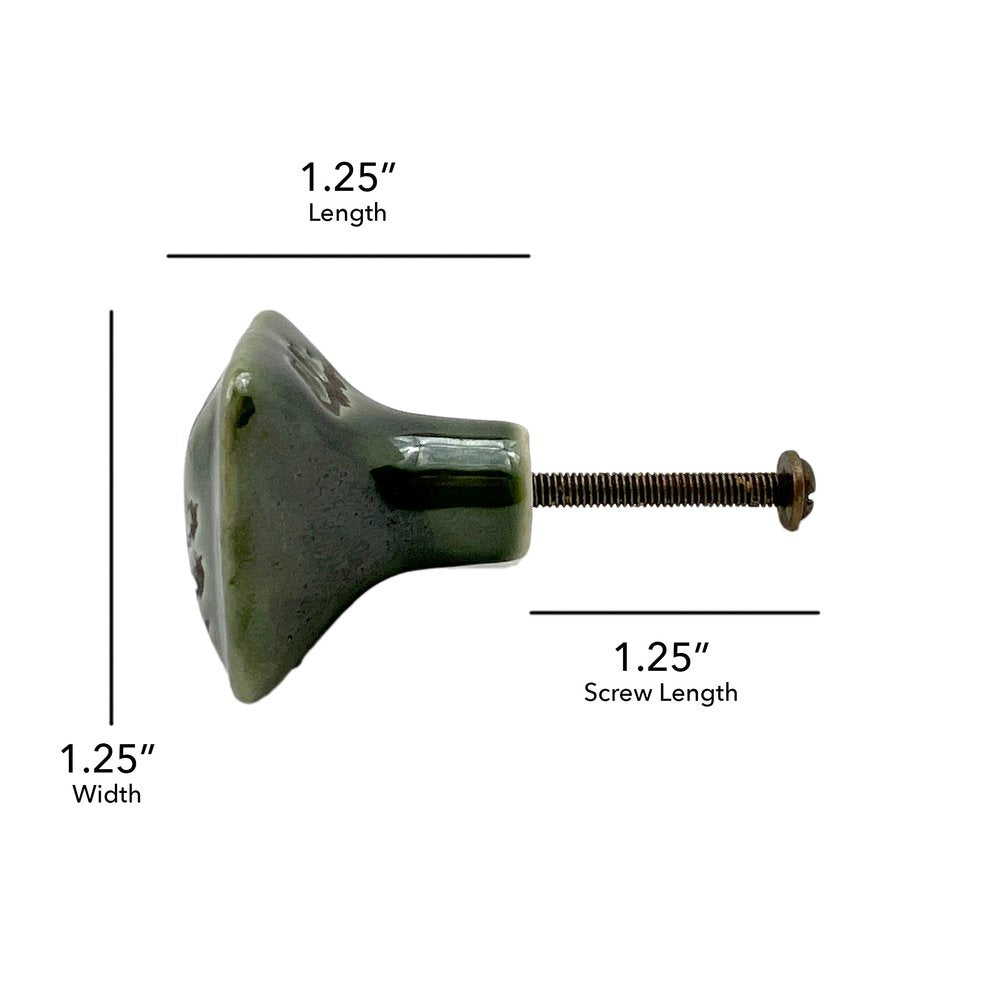 Set of Six Distressed Green Ceramic Square Drawer Pull Knobs