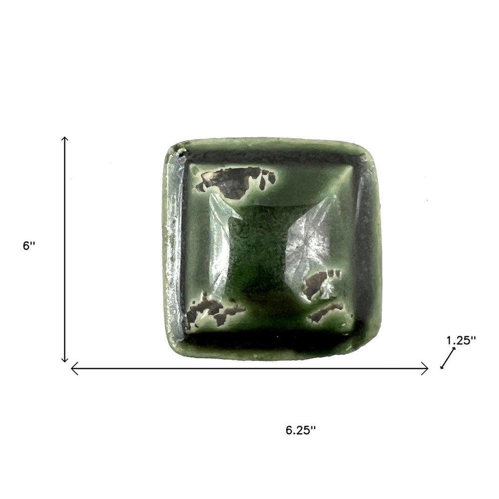 Set of Six Distressed Green Ceramic Square Drawer Pull Knobs