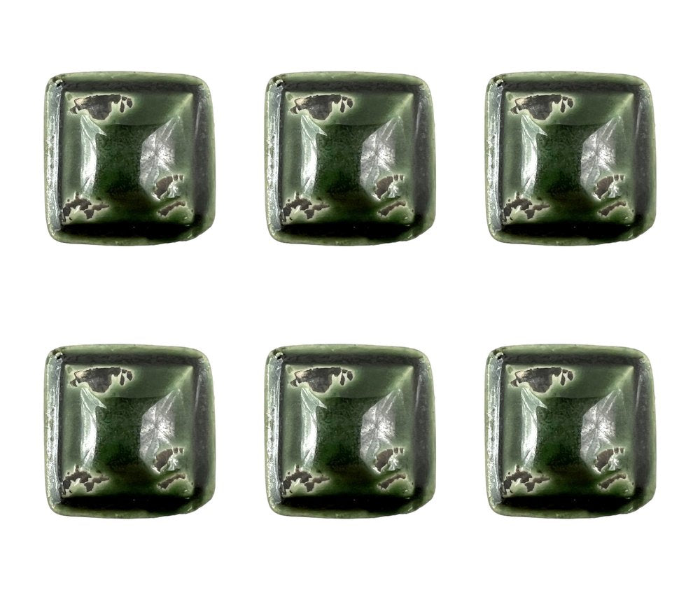 Set of Six Distressed Green Ceramic Square Drawer Pull Knobs