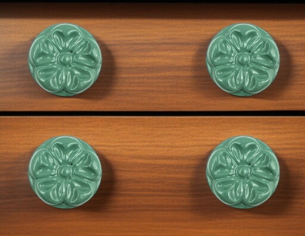 Set of Six Green Embossed Floral Ceramic Drawer Pull Knobs