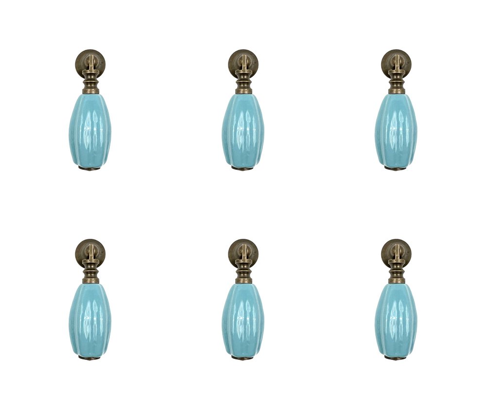 Set of Six Aqua And Brown Ribbed Ceramic Drawer Pull Knobs