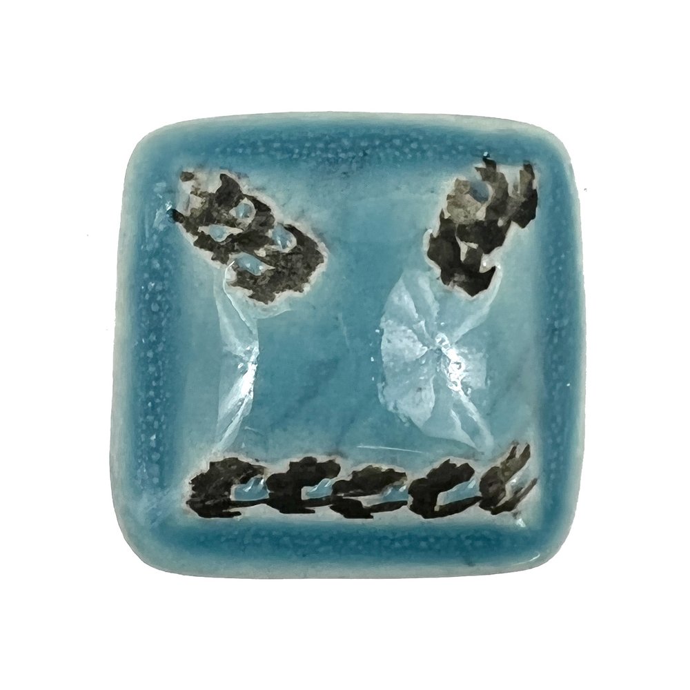 Set of Six Distressed Teal Ceramic Square Drawer Pull Knobs