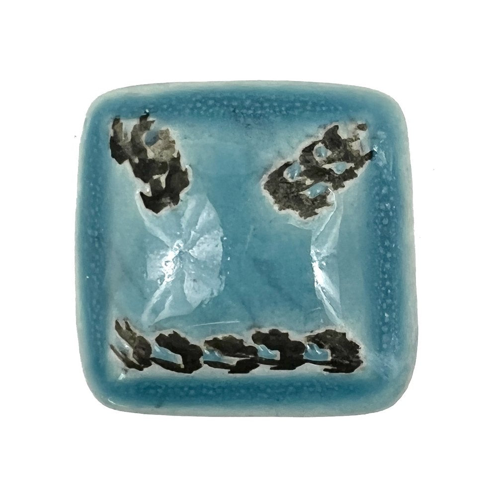 Set of Six Distressed Teal Ceramic Square Drawer Pull Knobs