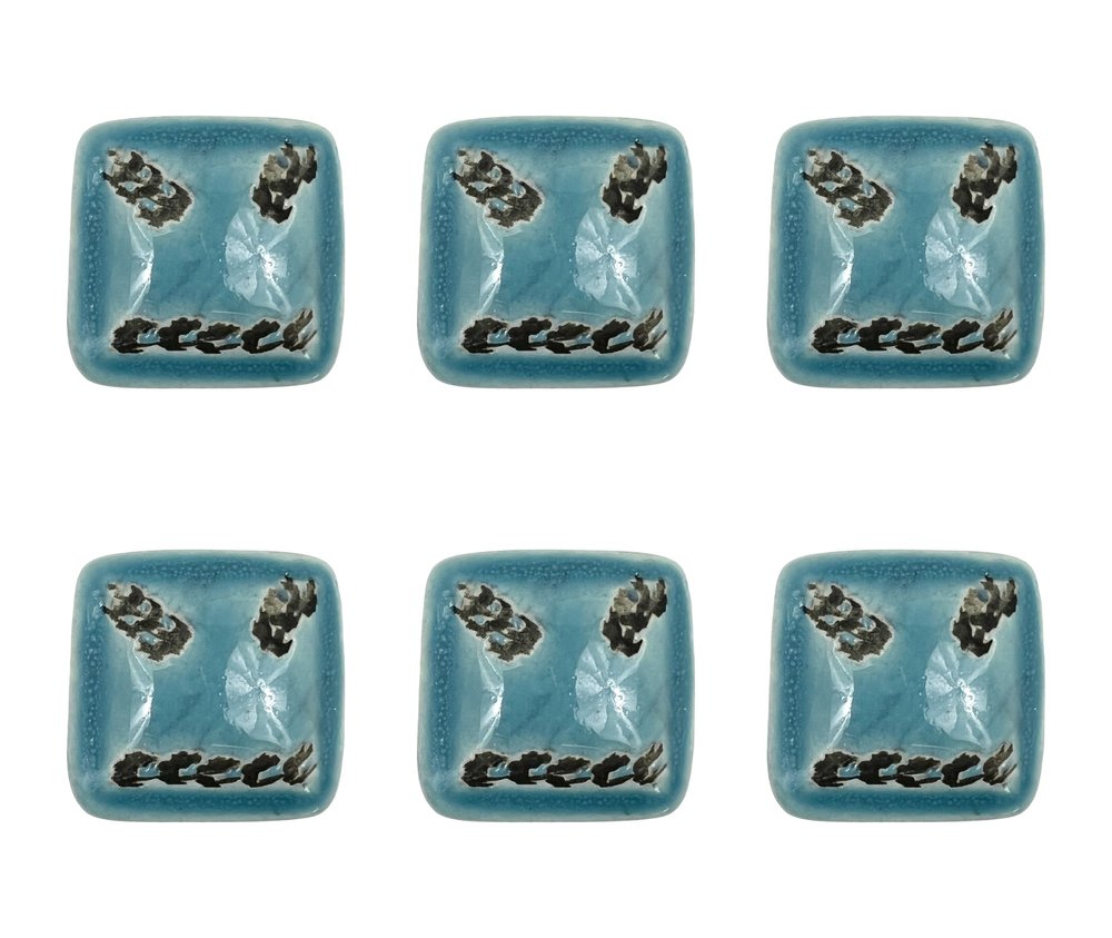 Set of Six Distressed Teal Ceramic Square Drawer Pull Knobs