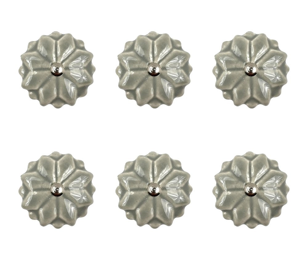 Set of Six Gray Ceramic Floral Drawer Pull Knobs