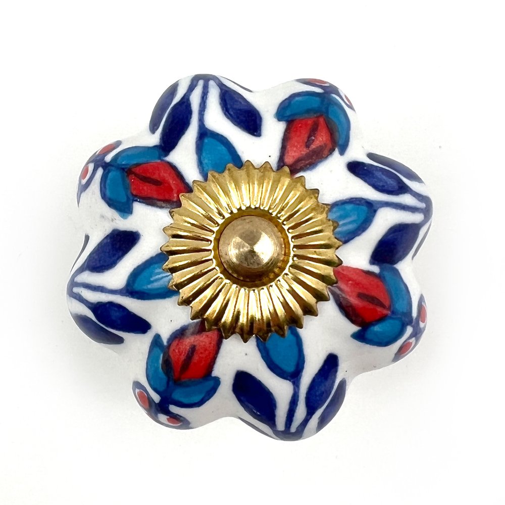 Set of Six Red White And Blue Floral Ceramic Drawer Pull Knobs