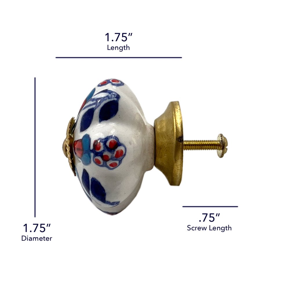 Set of Six Red White And Blue Floral Ceramic Drawer Pull Knobs