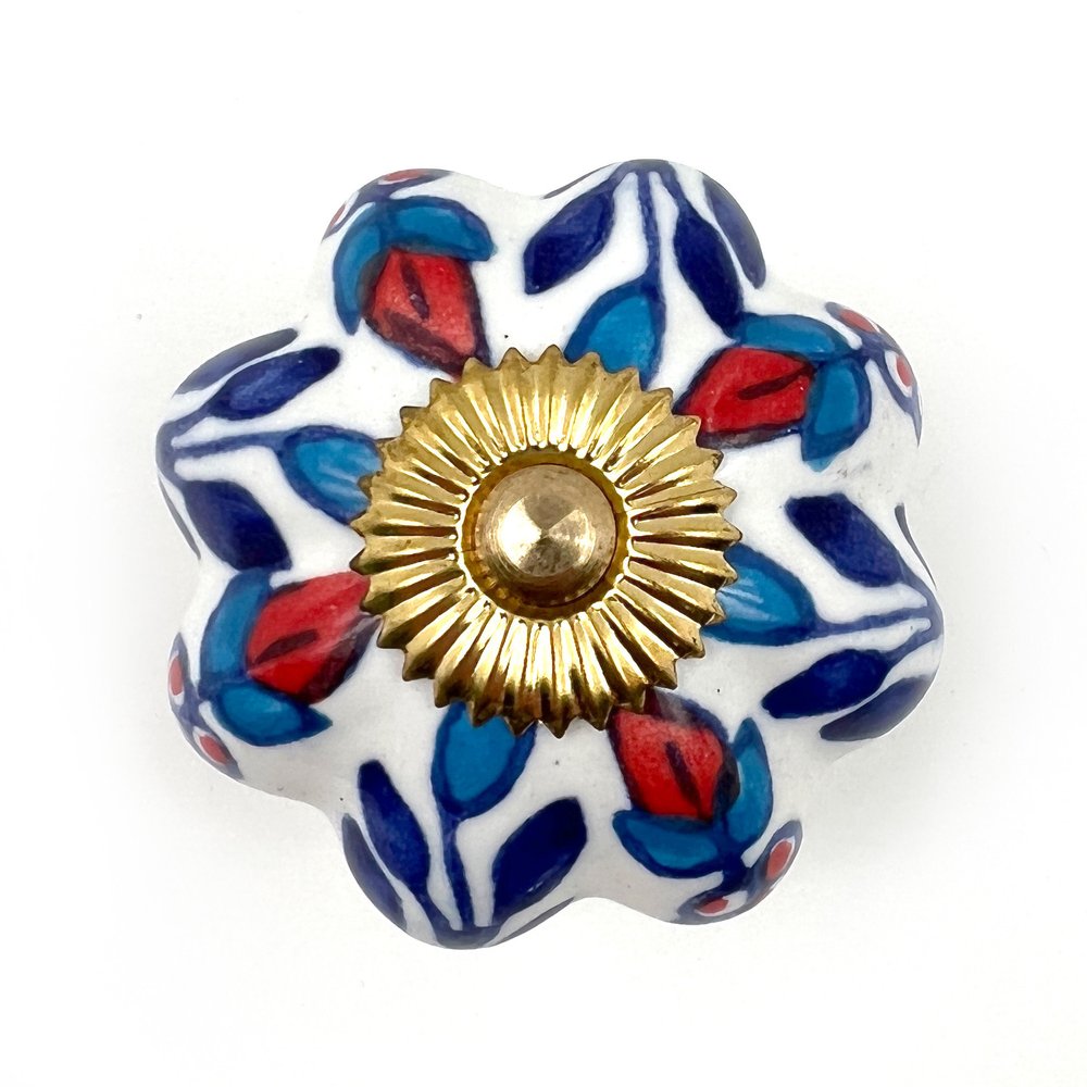 Set of Six Red White And Blue Floral Ceramic Drawer Pull Knobs