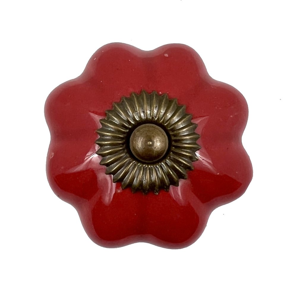 Set of Six Red Flower Shape Ceramic Drawer Pull Knobs