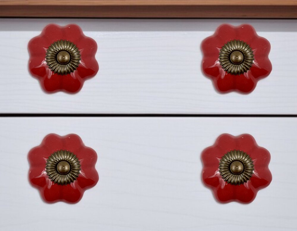 Set of Six Red Flower Shape Ceramic Drawer Pull Knobs