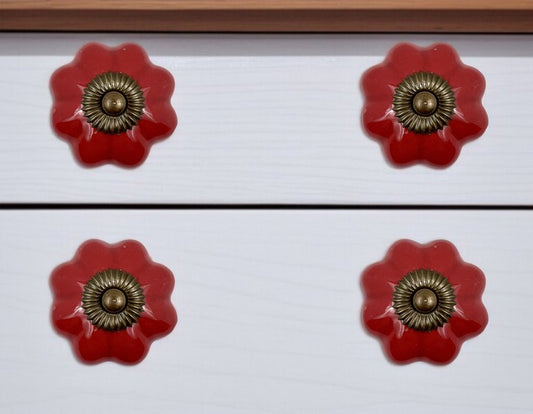 Set of Six Red Flower Shape Ceramic Drawer Pull Knobs