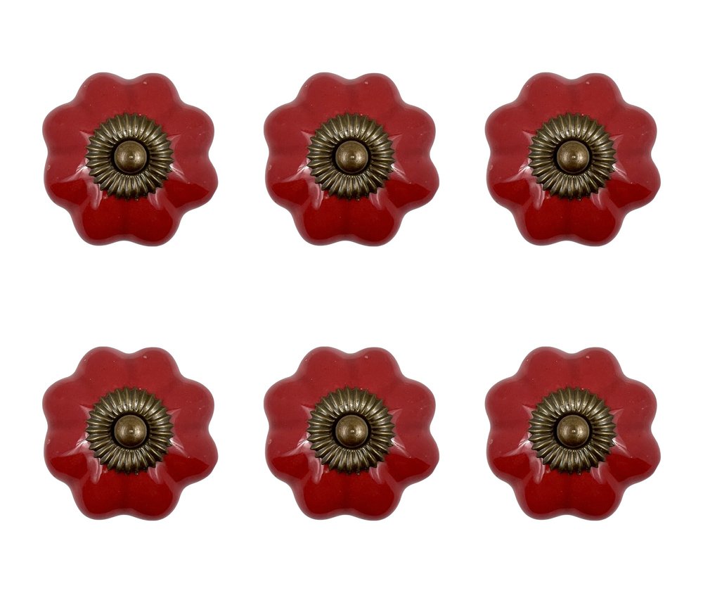 Set of Six Red Flower Shape Ceramic Drawer Pull Knobs