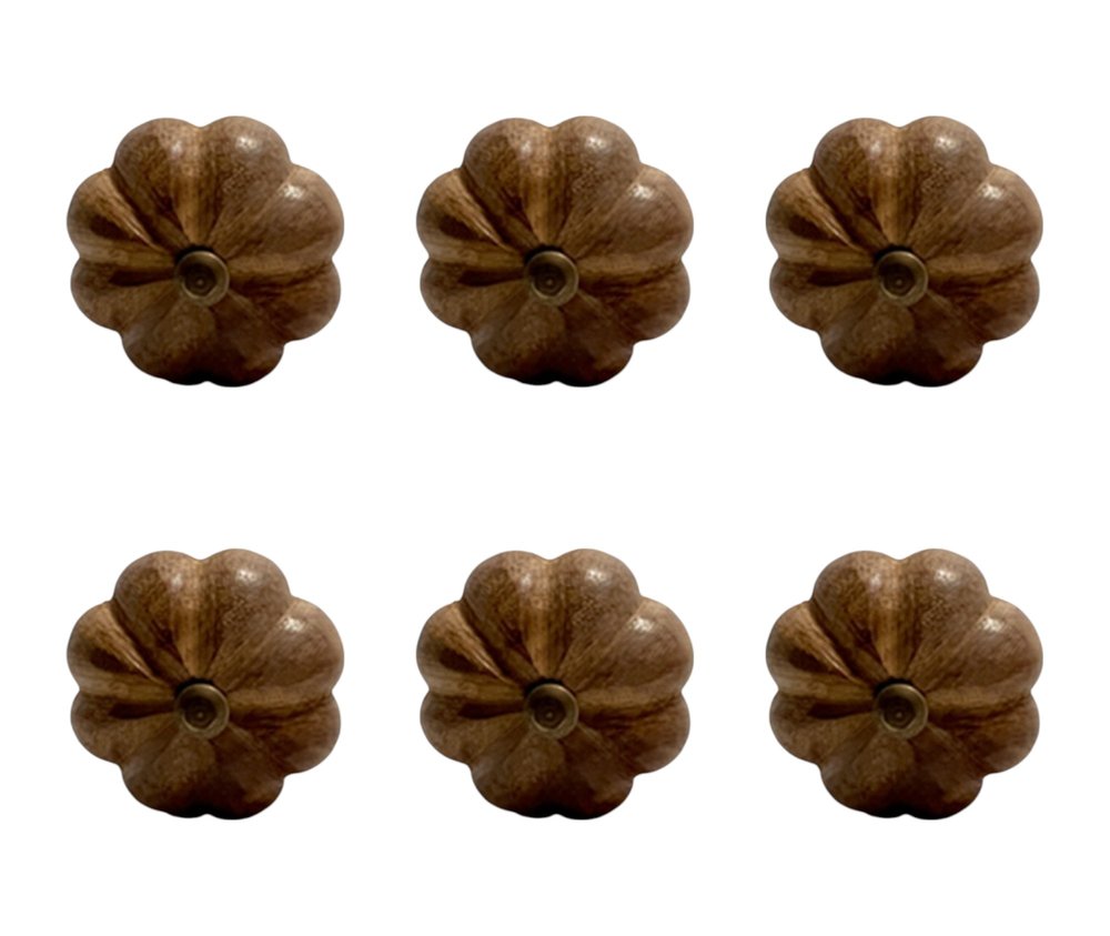 Set of Six Brown Wood Flower Shaped Drawer Pull Knobs