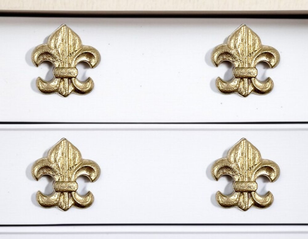 Set of Six Gold Cast Aluminum Fleur De Lis Drawer Pull Knobs