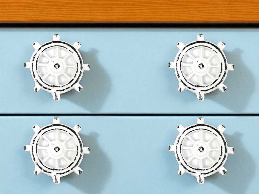 Set of Six Rustic White Iron Captains Wheel Drawer Pull Knobs