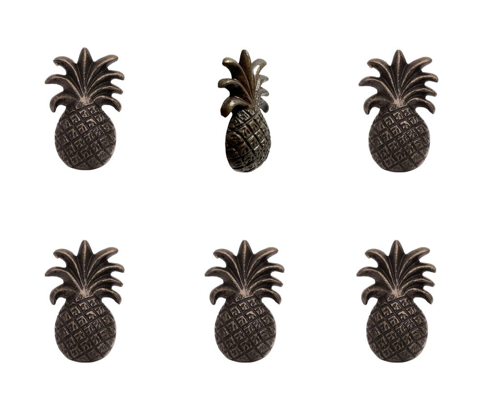 Set of Six Antiqued Bronze Metal Pineapple Drawer Pull Knobs