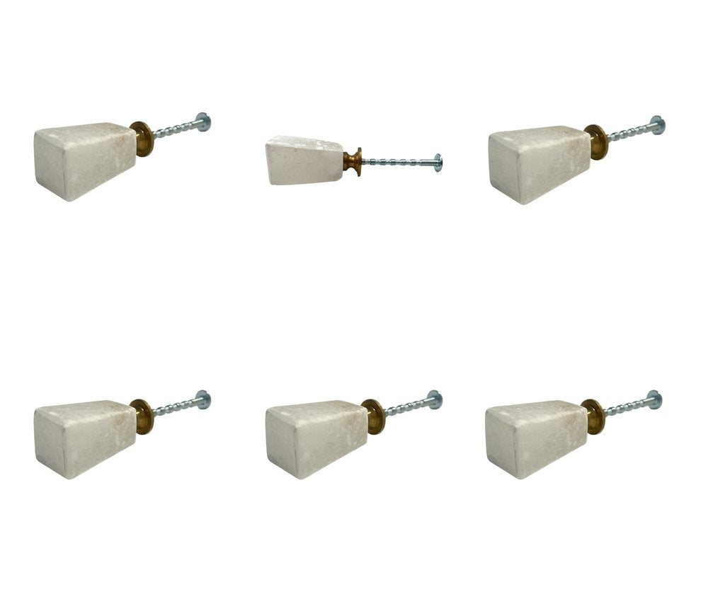 Set of Six White Stone Square Cylindrical Drawer Pull Knobs