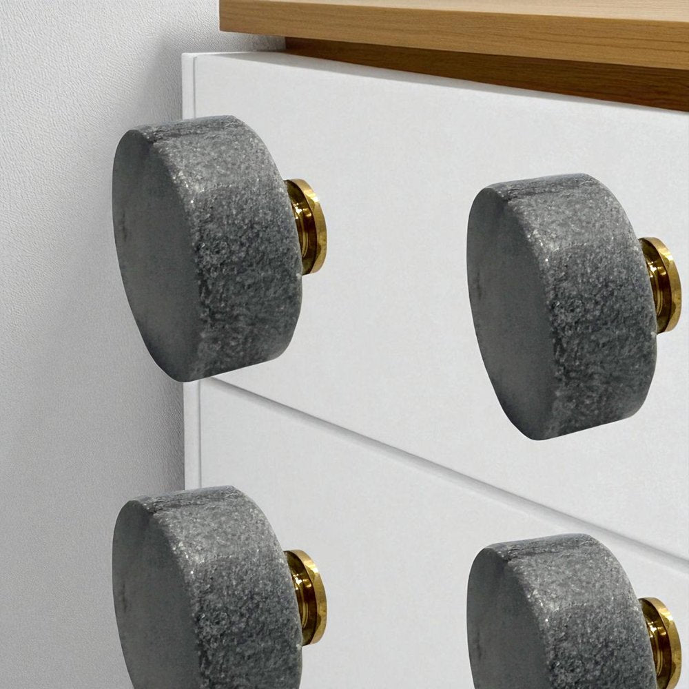 Set of Six Gray Stone Disc Shape Drawer Pull Knobs