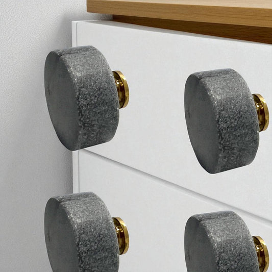 Set of Six Gray Stone Disc Shape Drawer Pull Knobs