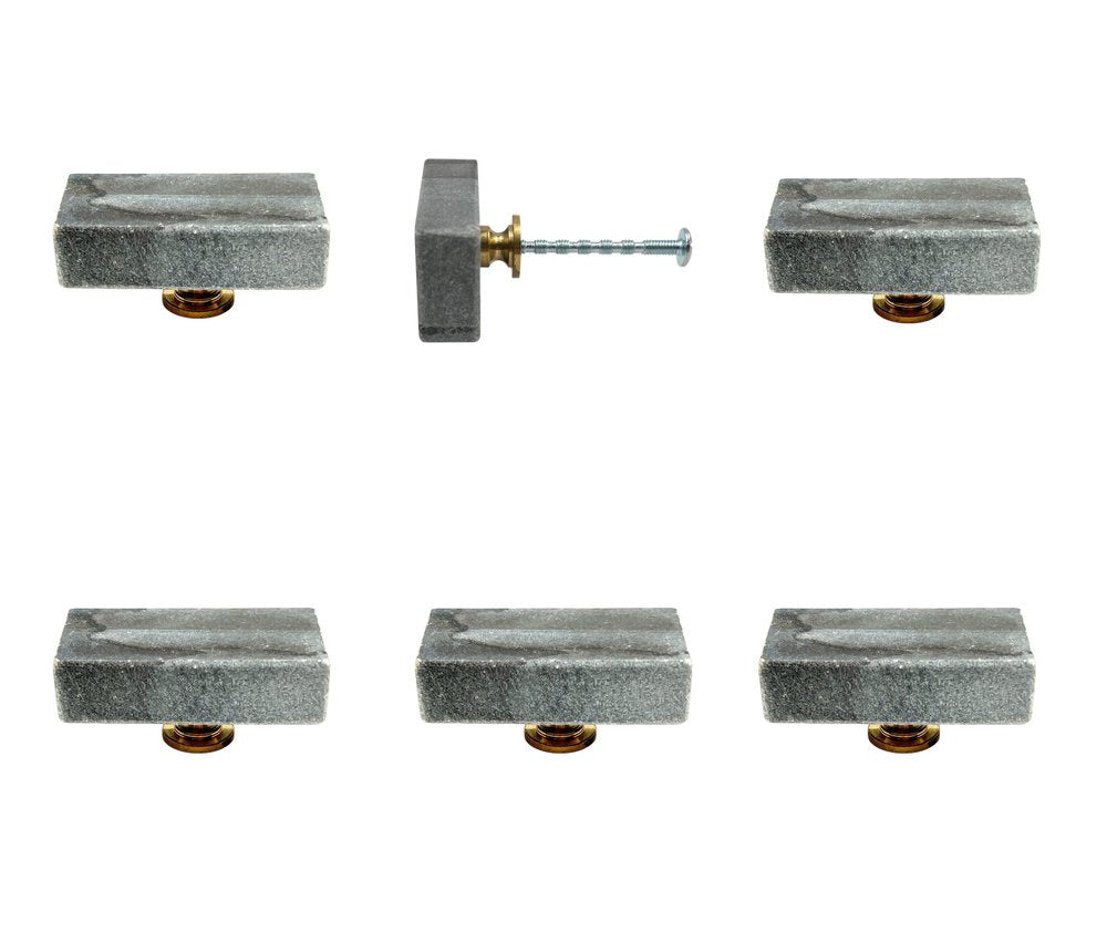 Set of Six Gray Stone Rectangular Drawer Pull Knobs