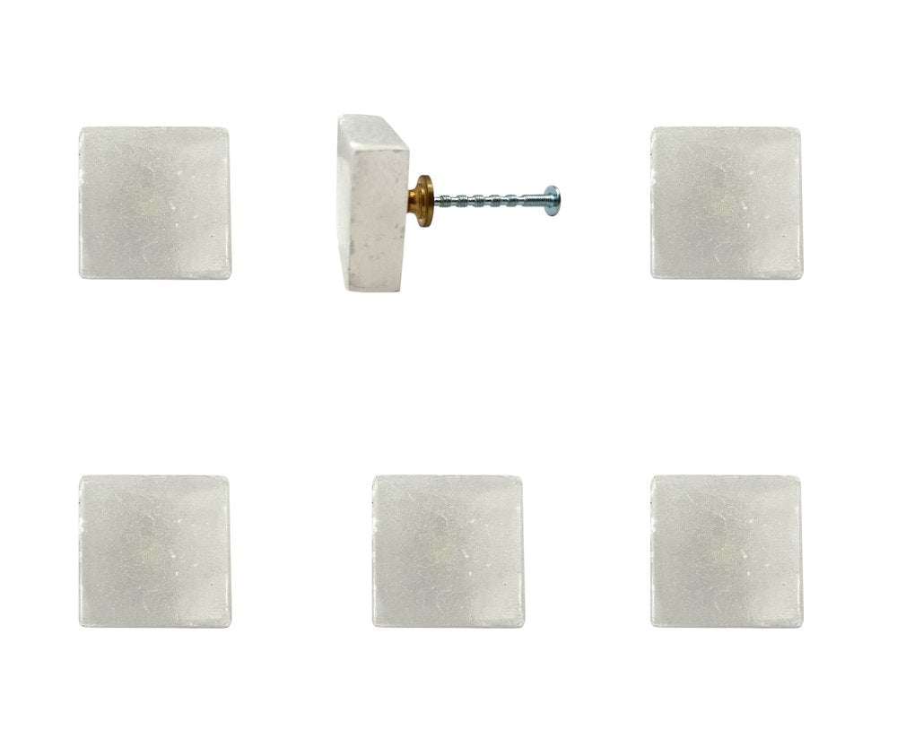 Set of Six White Stone Square Drawer Pull Knobs