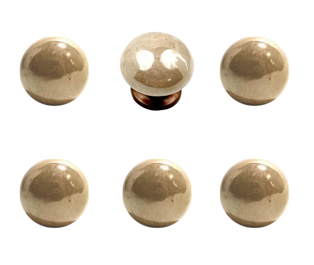 Set of Six Tan Ceramic Mushroom Shape Drawer Pull Knobs