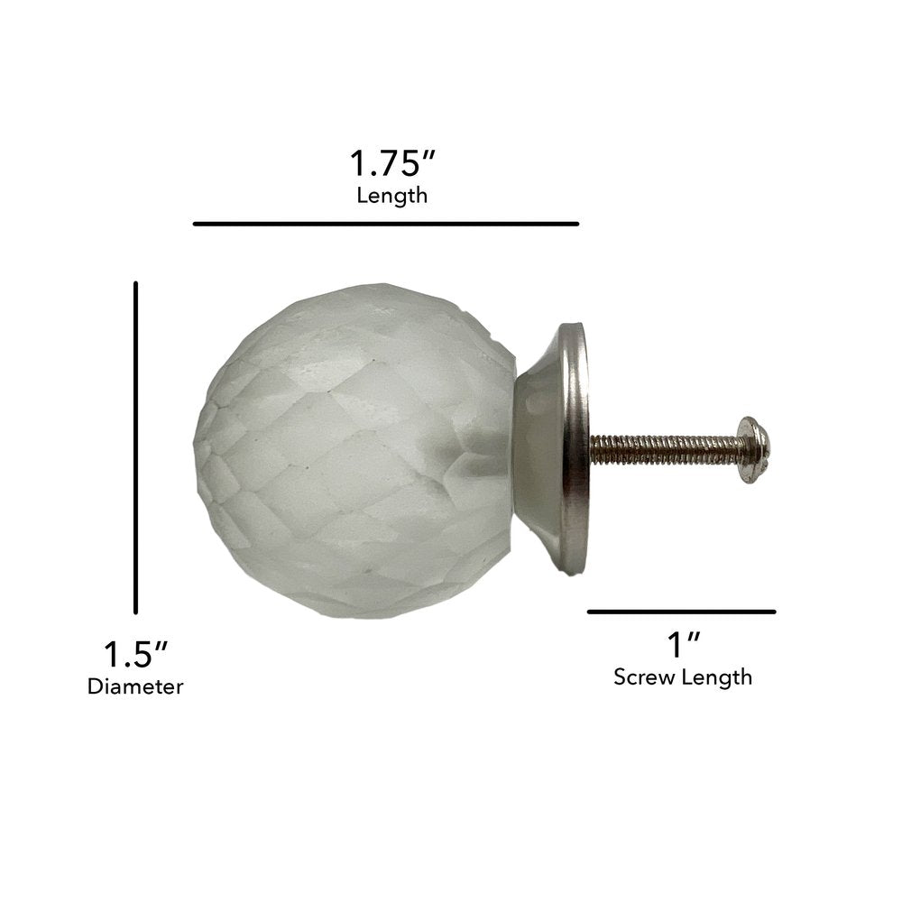 Set of Six White Frosted Glass Faceted Globe Drawer Pull Knobs
