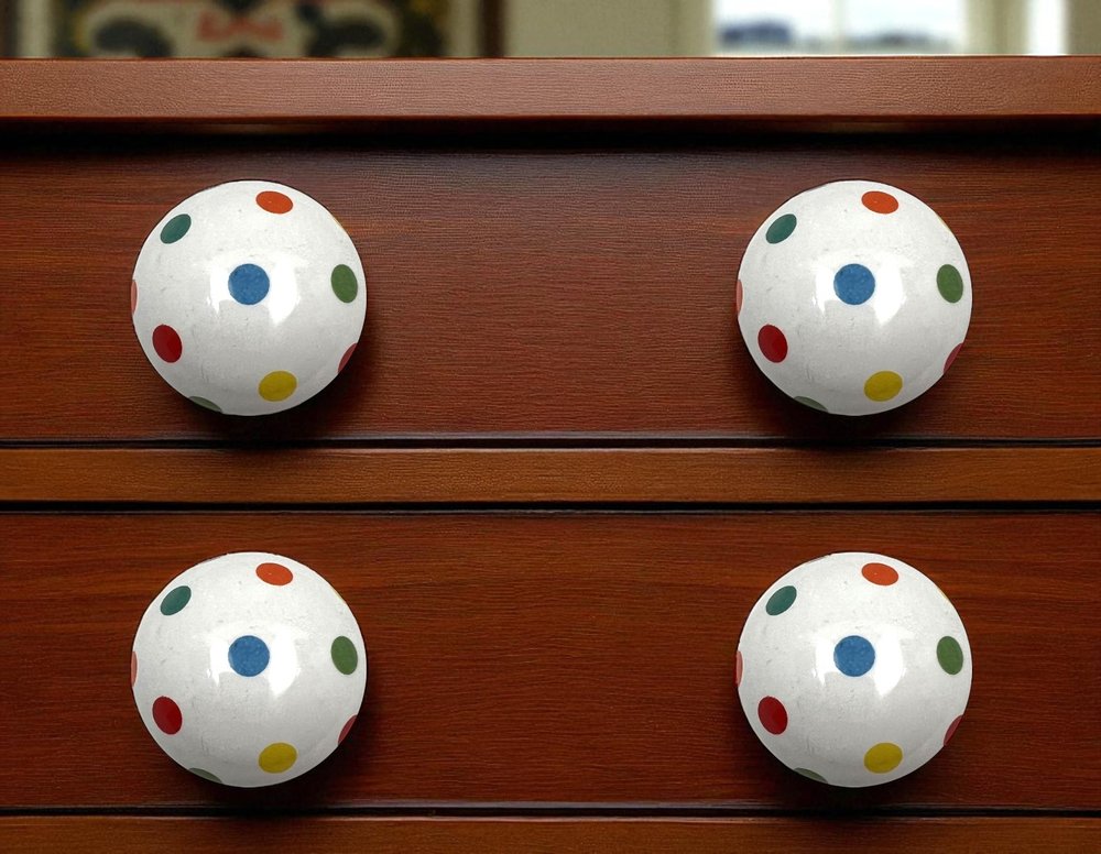 Set of Six Off White Blue Red And Green Polka Dots Ceramic Drawer Pull Knobs