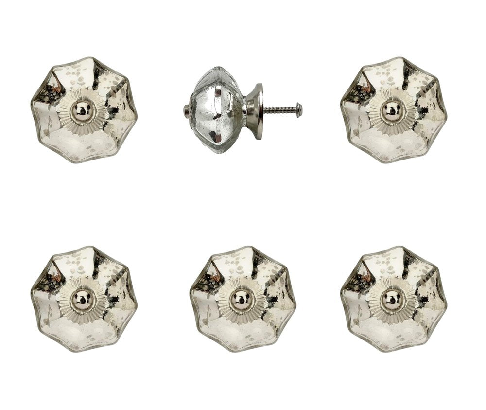 Set of Six Silver Faceted Mercury Glass Drawer Pull Knobs